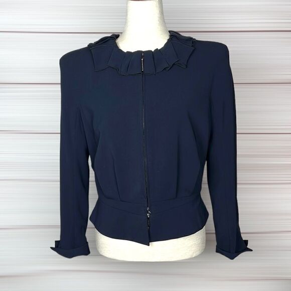 Giorgio Armani Dark Blue Ruffled Collar Full Zip Front Crop Jacket sz 46 US 8-10 - Picture 5 of 15